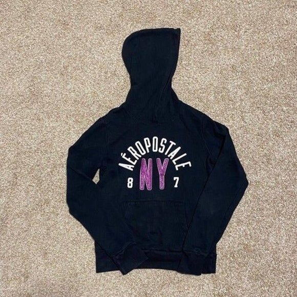 Aeropostale Black Hoodie with White and Pink Font NY-87 Size Small - Picture 1 of 3